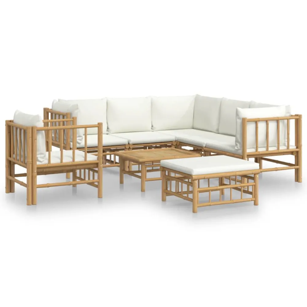 Poltrona de Rattan 8 pcs conjunto lounge de jardim bambu com almofadões branco nata