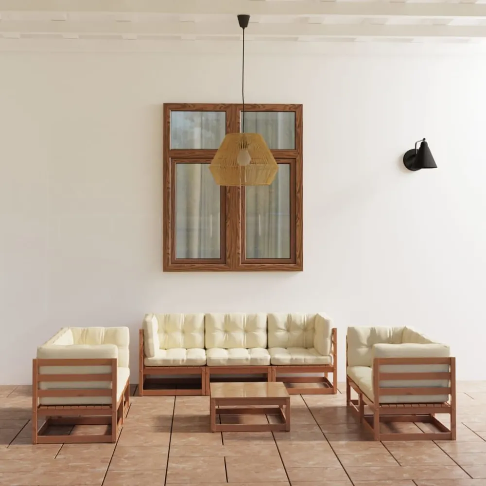 Poltrona de Rattan 8 pcs conjunto lounge de jardim com almofadões pinho maciço