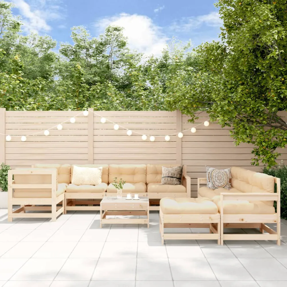 Poltrona de Rattan 10 pcs conjunto lounge jardim com almofadões madeira maciç