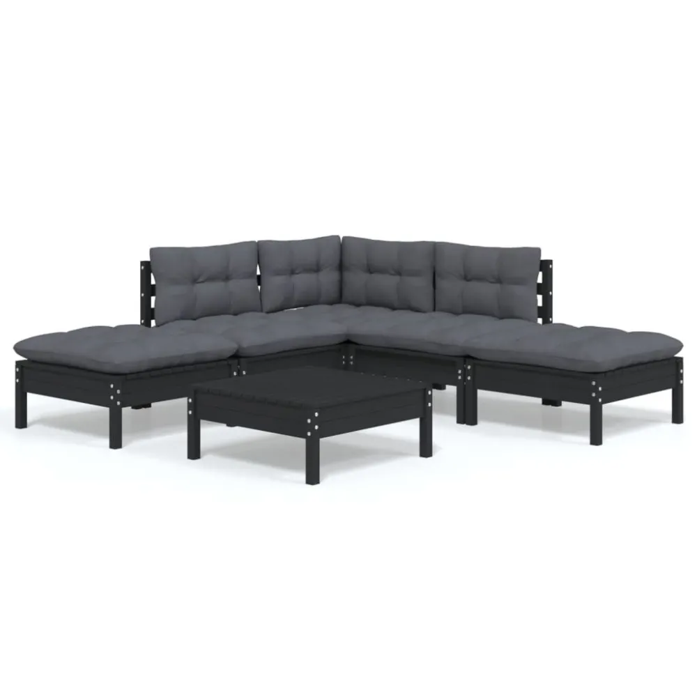 Poltrona de Rattan 6 pcs conjunto lounge de jardim com almofadões pinho preto