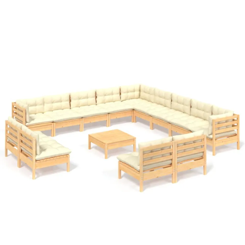 Poltrona de Rattan 14 pcs conjunto lounge jardim com almofadões creme pinho maciço