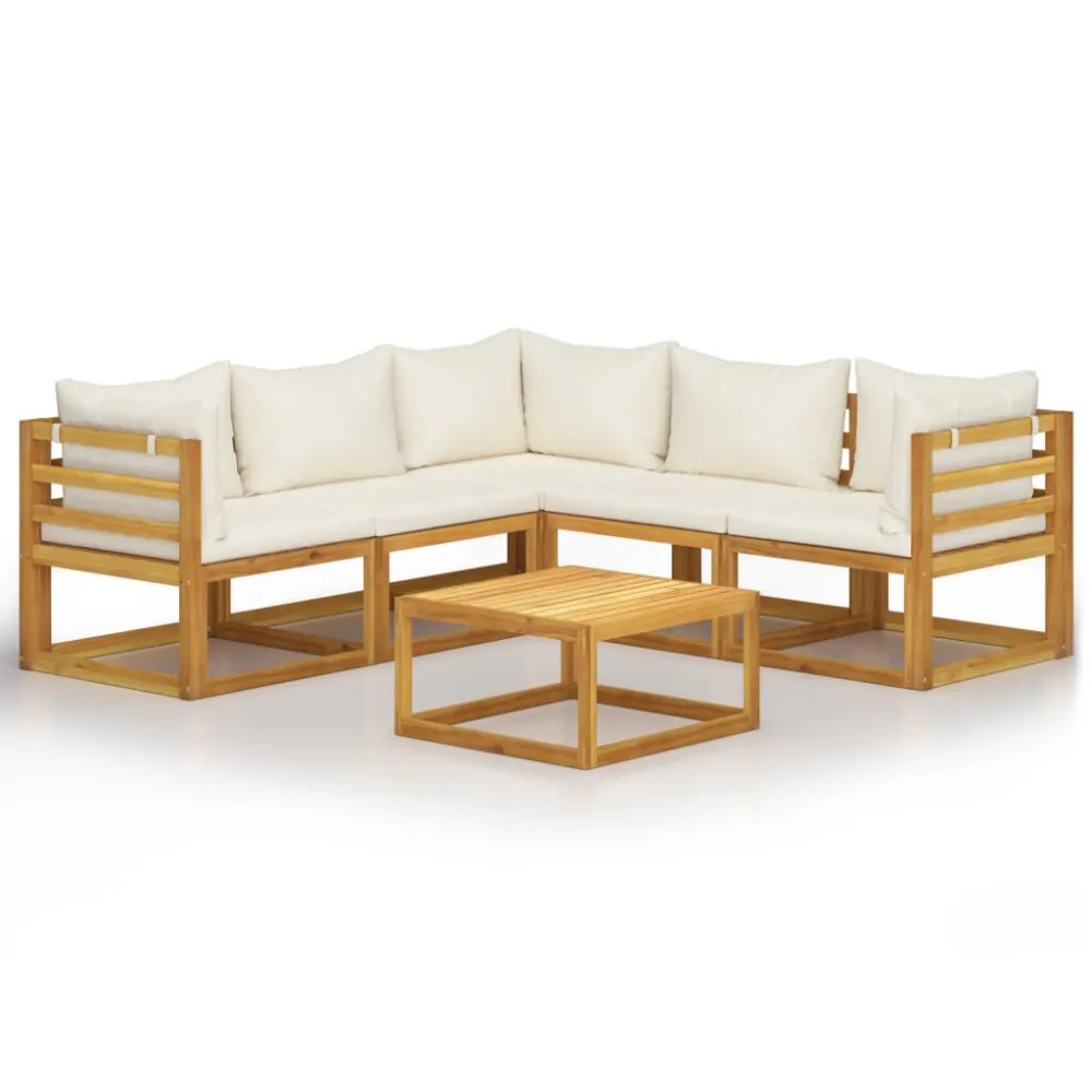 Poltrona de Rattan 6 pcs conjunto lounge jardim com almofadões acácia maciç creme