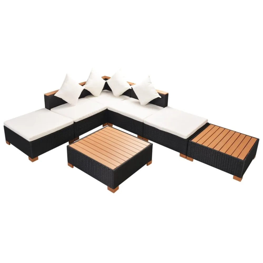 Poltrona de Rattan 7 pcs conjunto lounge de jardim com almofadões vime PE preto