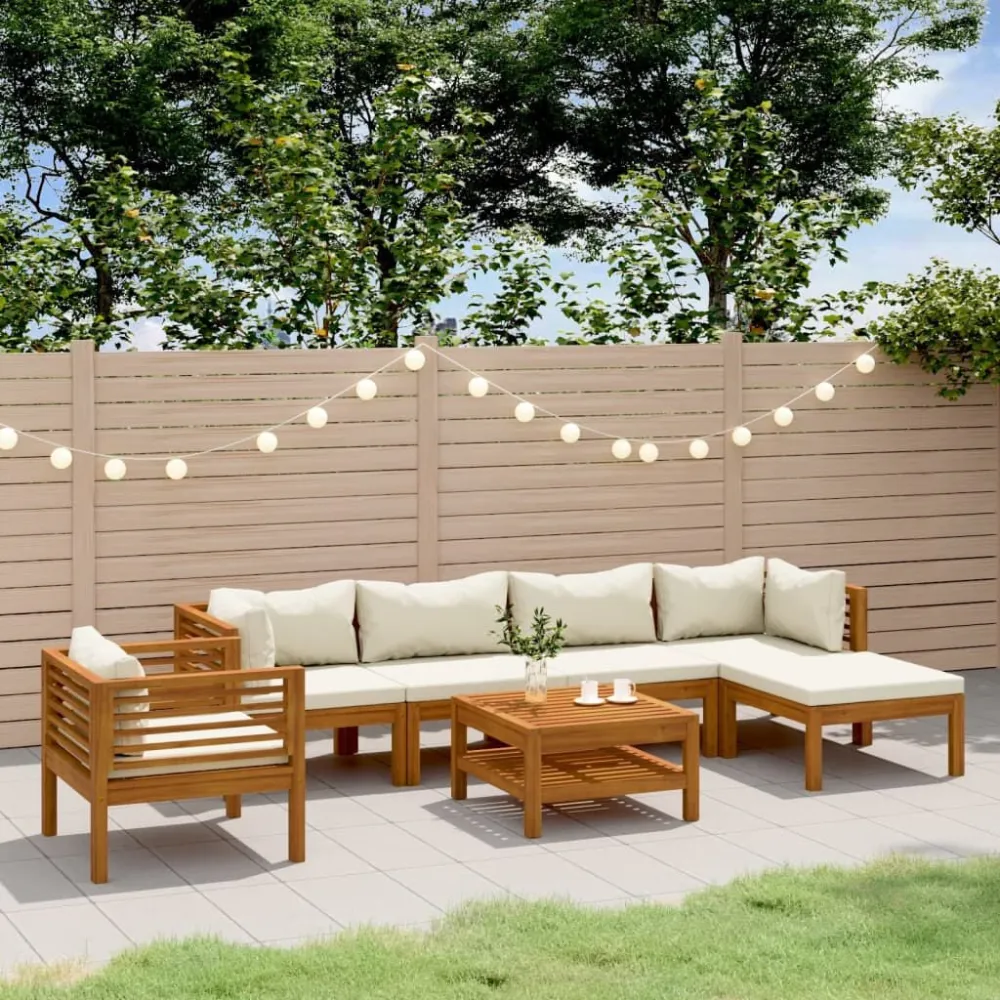 Poltrona de Rattan 7 pcs conjunto lounge jardim com almofadões creme acácia maciç