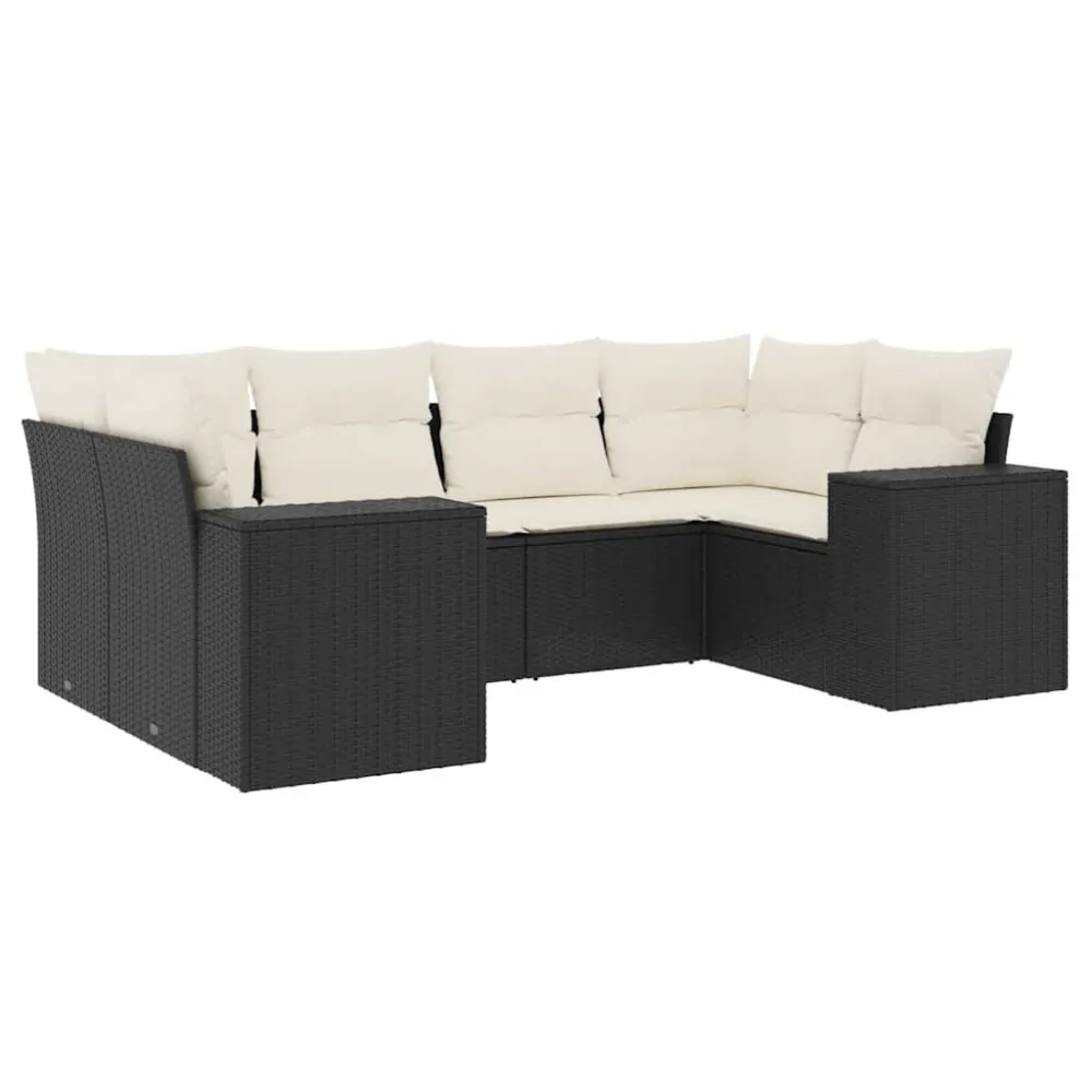 Poltrona de Rattan 6 pcs conjunto sofás de jardim com almofadões vime PE preto