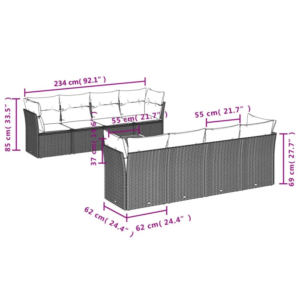 Poltrona de Rattan 9 pcs conjunto de sofás para jardim com almofadões vime PE preto