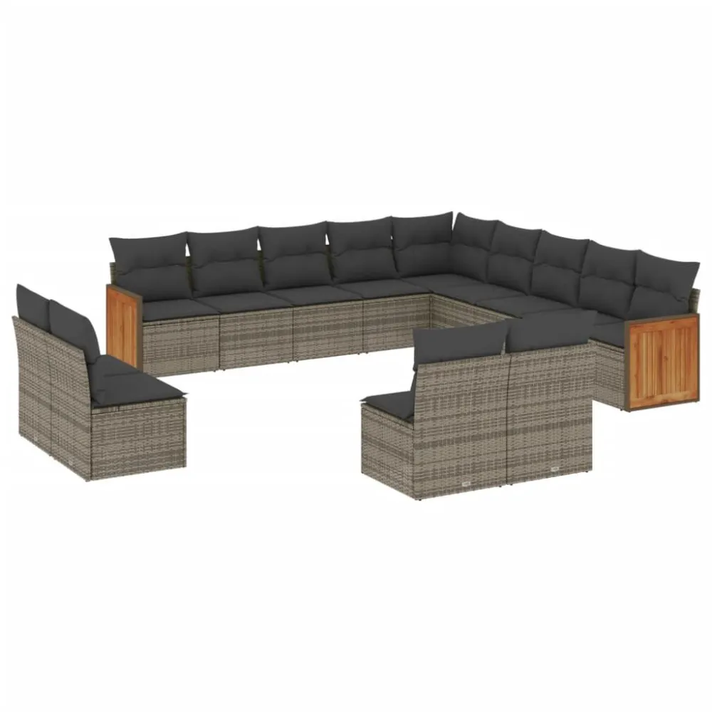 Poltrona de Rattan 13 pcs conjunto sofás para jardim com almofadões vime PE cinzento