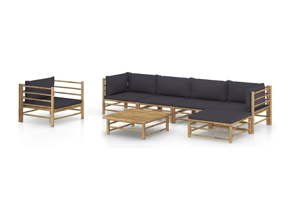 Poltrona de Rattan 7 peças conj. lounge jardim em bambu com almofadões cinza-escuro