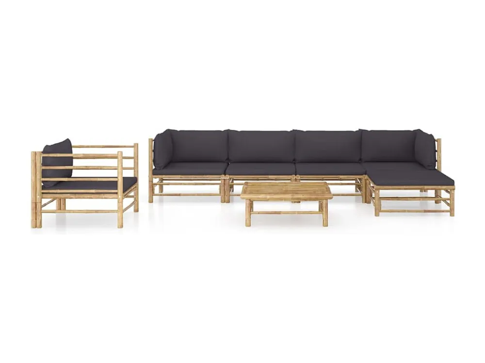 Poltrona de Rattan 7 peças conj. lounge jardim em bambu com almofadões cinza-escuro