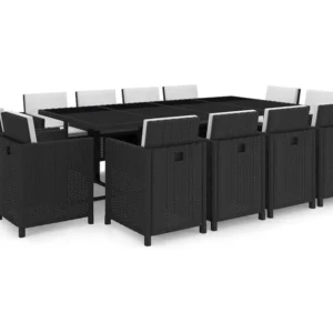 Poltrona de Rattan 13 peças conjunto jantar exterior com almofadões vime PE preto