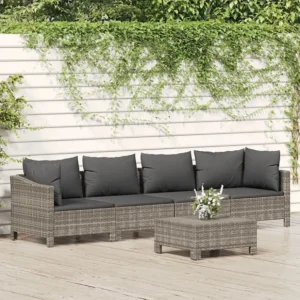 Poltrona de Rattan 5 peças conjunto lounge de jardim com almofadões vime PE cinzento