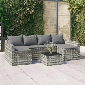 Poltrona de Rattan 2 peças conjunto lounge de jardim com almofadões vime PE cinzento