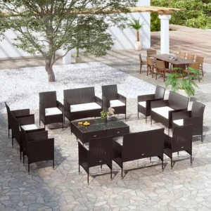 Poltrona de Rattan 16 peças conjunto lounge de jardim com almofadões vime PE preto