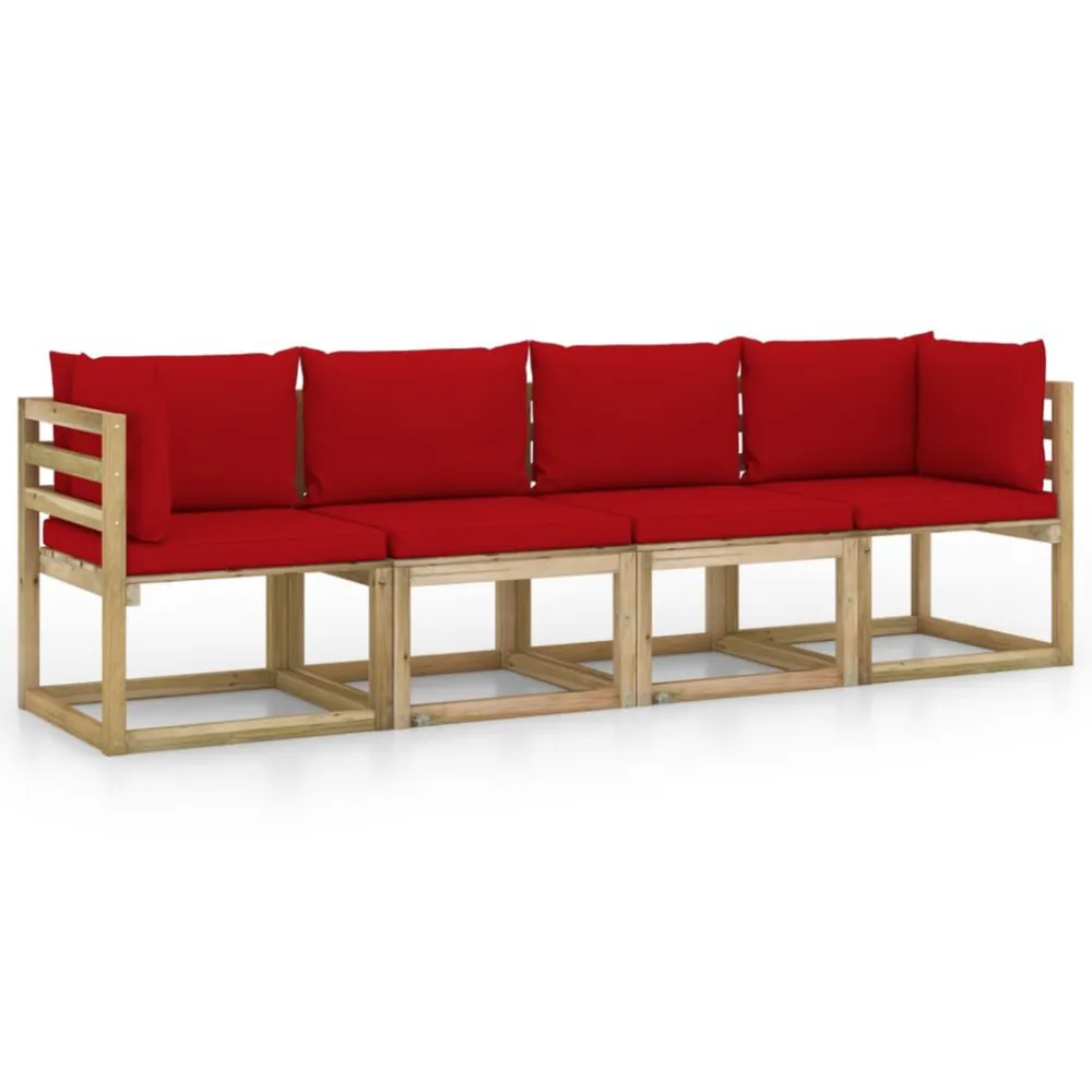 Poltrona de Rattan Sofá de jardim com 4 lugares almofadões vermelho