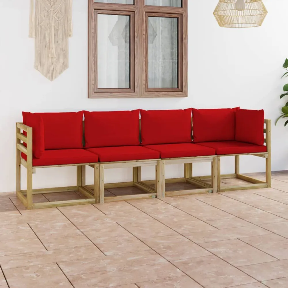 Poltrona de Rattan Sofá de jardim com 4 lugares almofadões vermelho