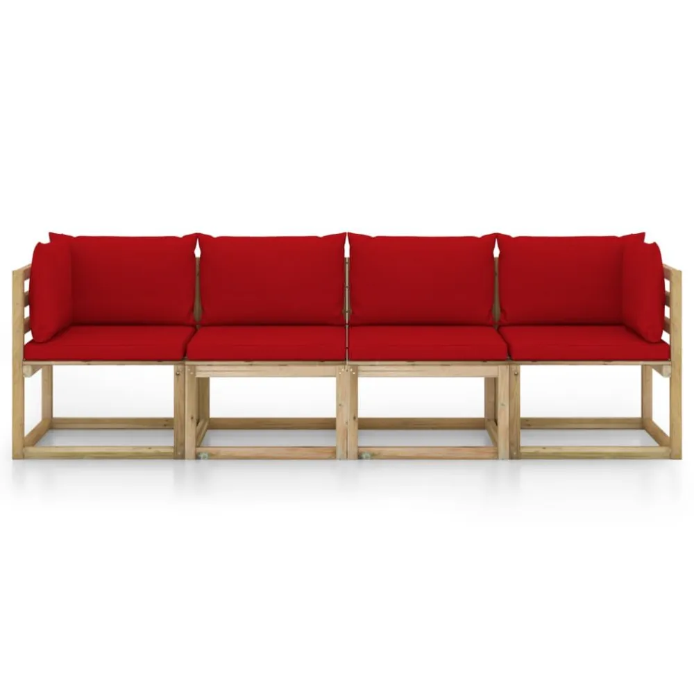 Poltrona de Rattan Sofá de jardim com 4 lugares almofadões vermelho