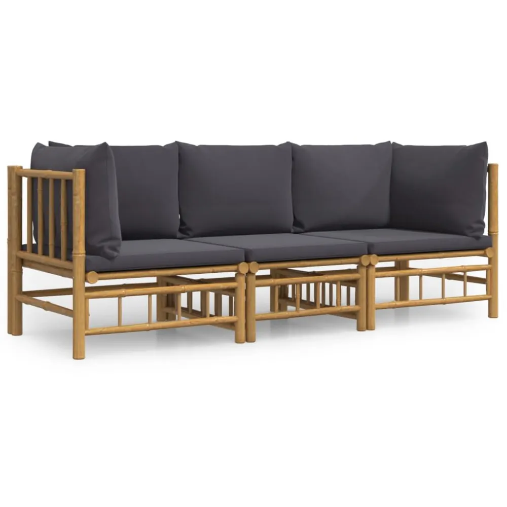 Premium Resistente ao Tempo 3pcs conj. lounge de jardim bambu com almofadões cinzento-escuro