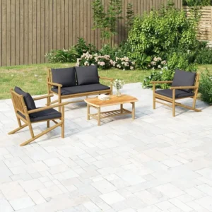 Premium Resistente ao Tempo 4peças conj. lounge de jardim bambu com almofadões cinzento-escuro