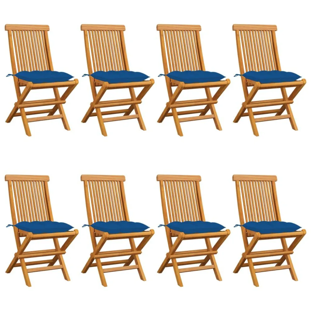 Premium Resistente ao Tempo Cadeiras de jardim com almofadões azuis 8 pcs teca maciç