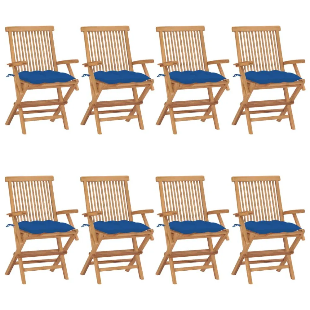 Premium Resistente ao Tempo Cadeiras de jardim com almofadões azuis 8 pcs teca maciç