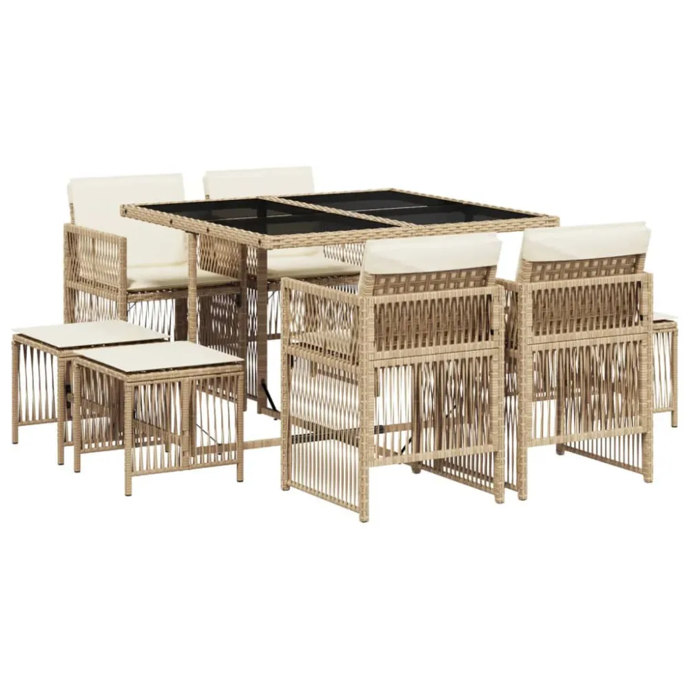 Premium Resistente ao Tempo 9 pcs conjunto de jantar para jardim com almofadões vime PE bege