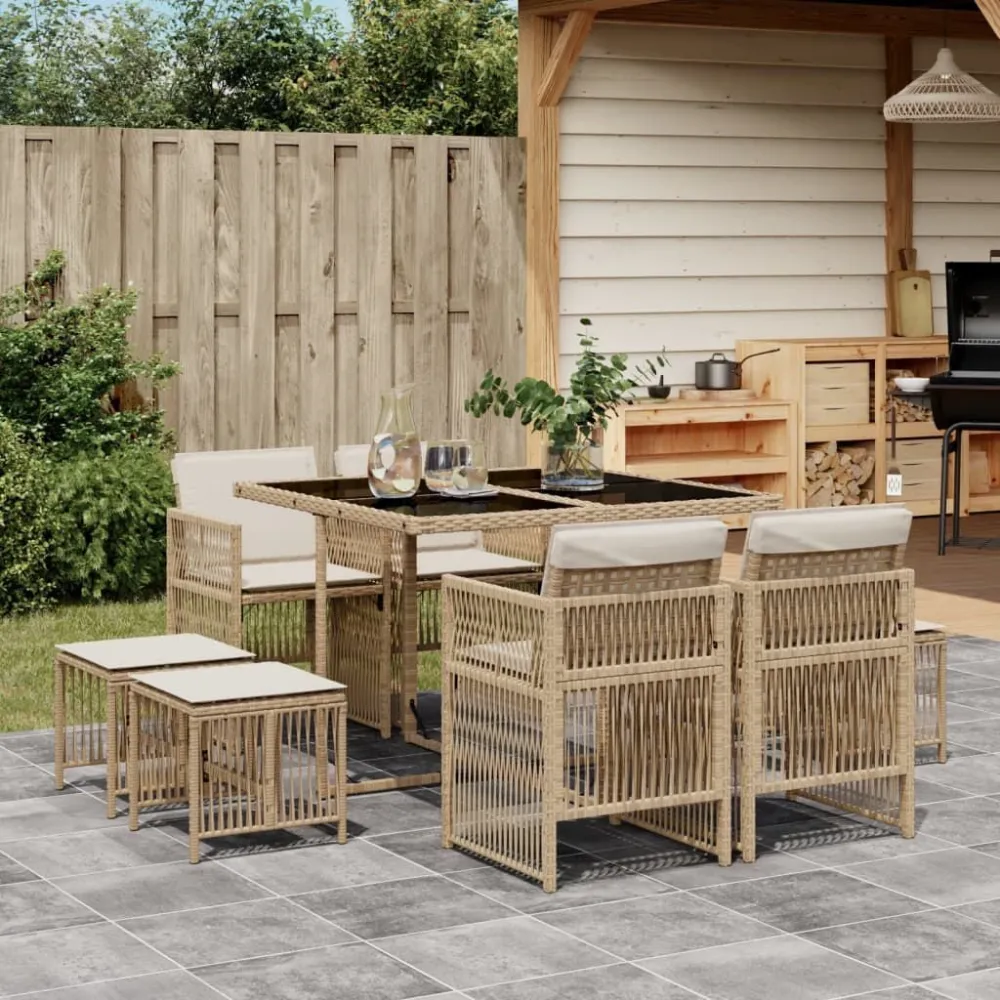 Premium Resistente ao Tempo 9 pcs conjunto de jantar para jardim com almofadões vime PE bege