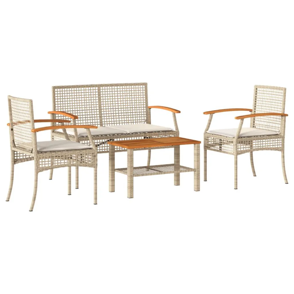 Premium Resistente ao Tempo 4 pcs conjunto lounge de jardim com almofadões vime PE bege