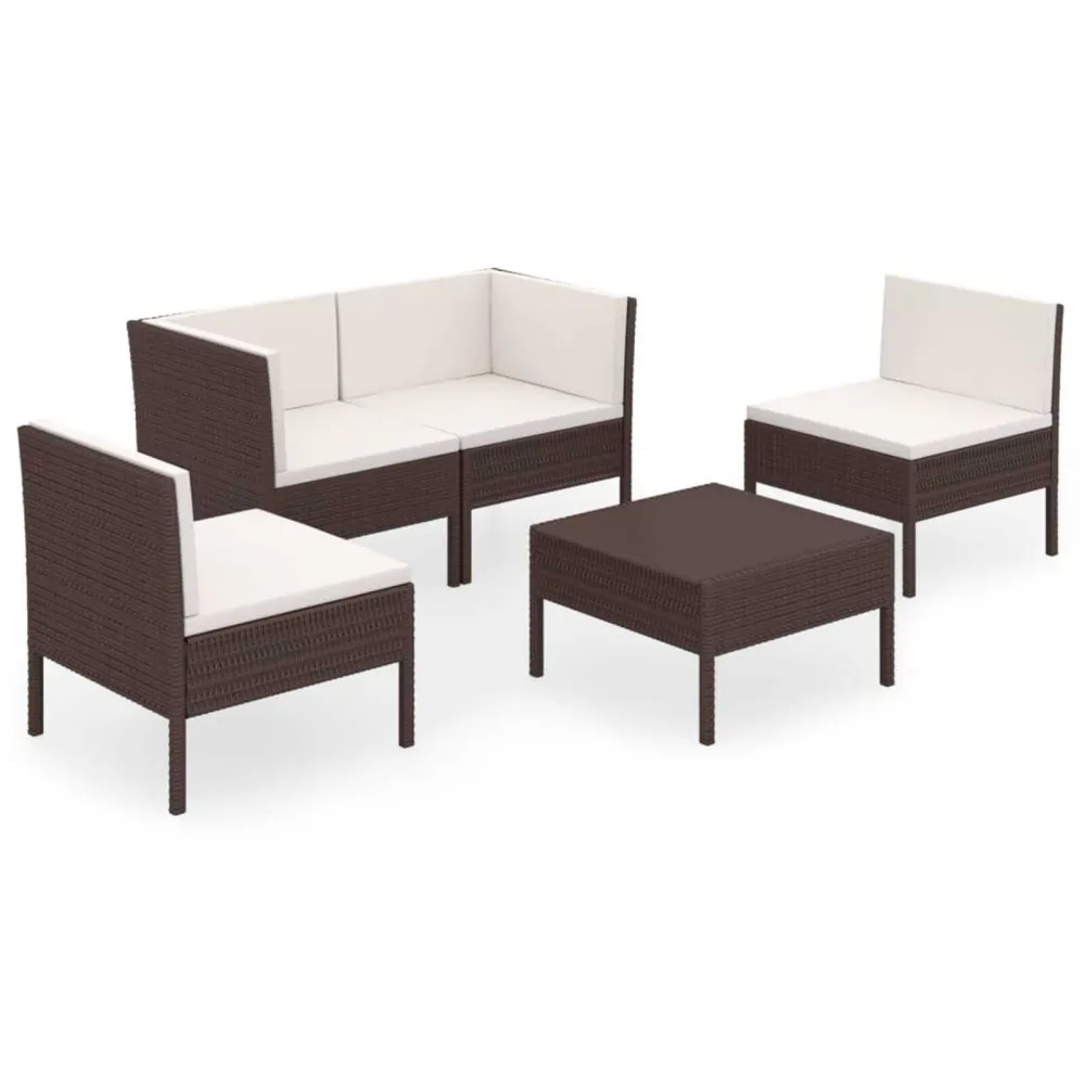 Premium Resistente ao Tempo 5 pcs conjunto lounge jardim com almofadões vime PE castanho