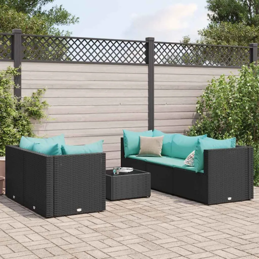 Premium Resistente ao Tempo 6 pcs conjunto lounge de jardim com almofadões vime PE preto