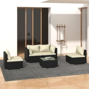 Premium Resistente ao Tempo 5 peças conjunto lounge de jardim com almofadões vime PE preto