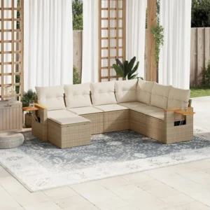 Premium Resistente ao Tempo 7 peças conjunto de sofás para jardim com almofadões vime PE bege