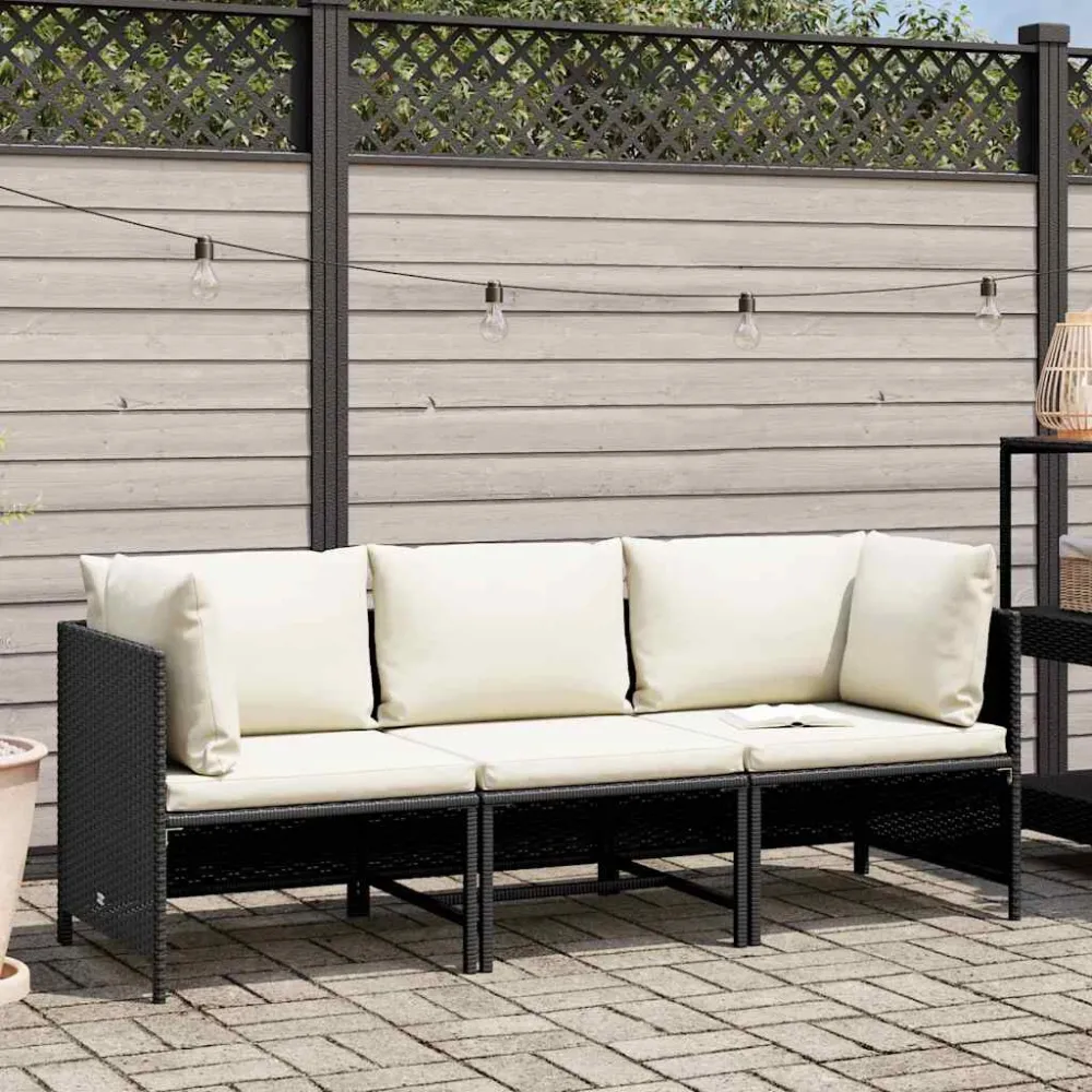 Premium Resistente ao Tempo Sofá de jardim 3 lugares com almofadões vime PE preto