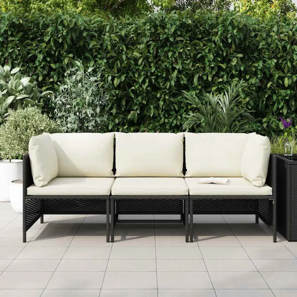 Premium Resistente ao Tempo Sofá de jardim 3 lugares com almofadões vime PE preto