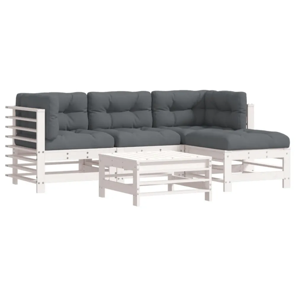 Puf de Exterior 5pcs conjunto lounge jardim com almofadões madeira maciç branco