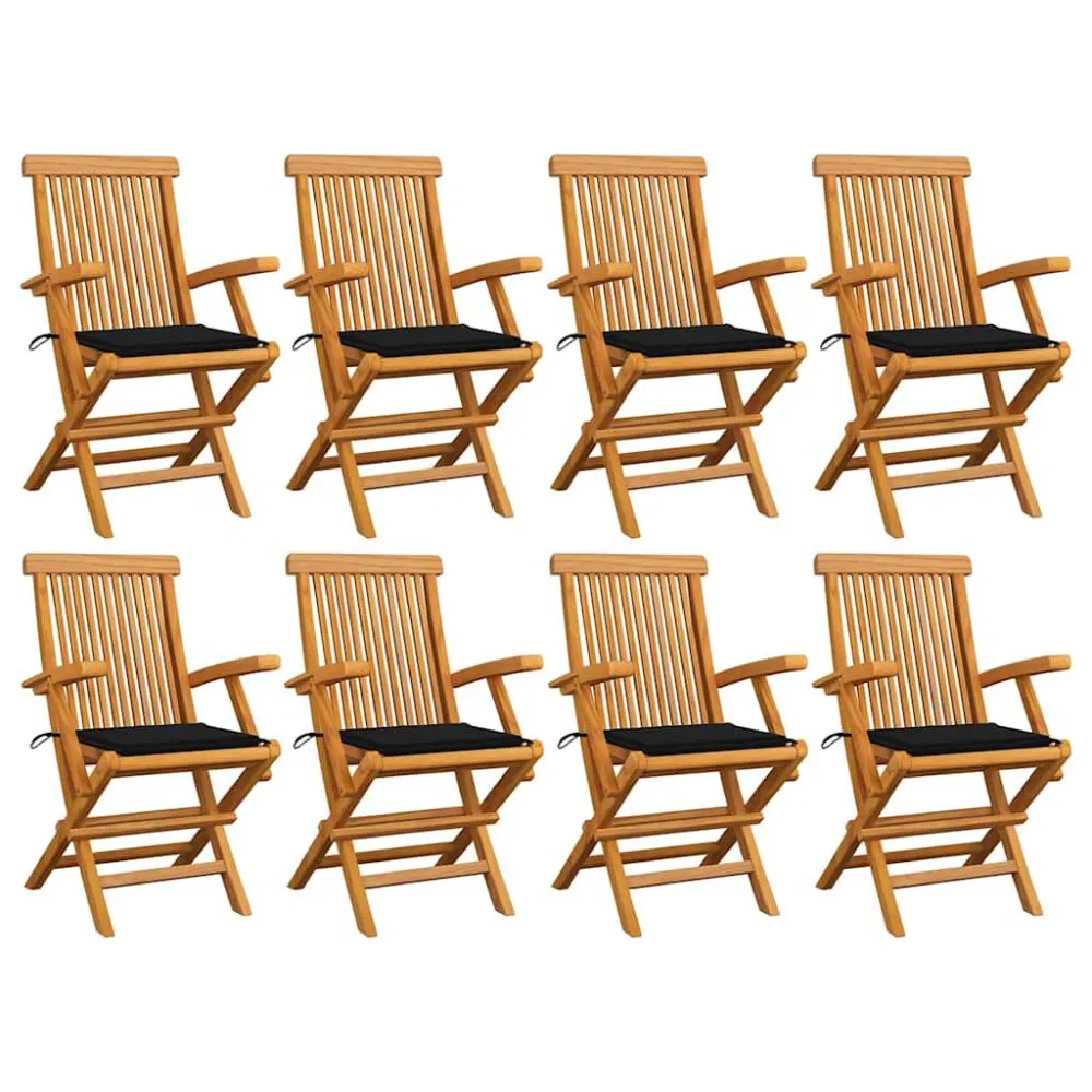 Puf de Exterior Cadeiras de jardim com almofadões pretos 8 pcs teca maciç