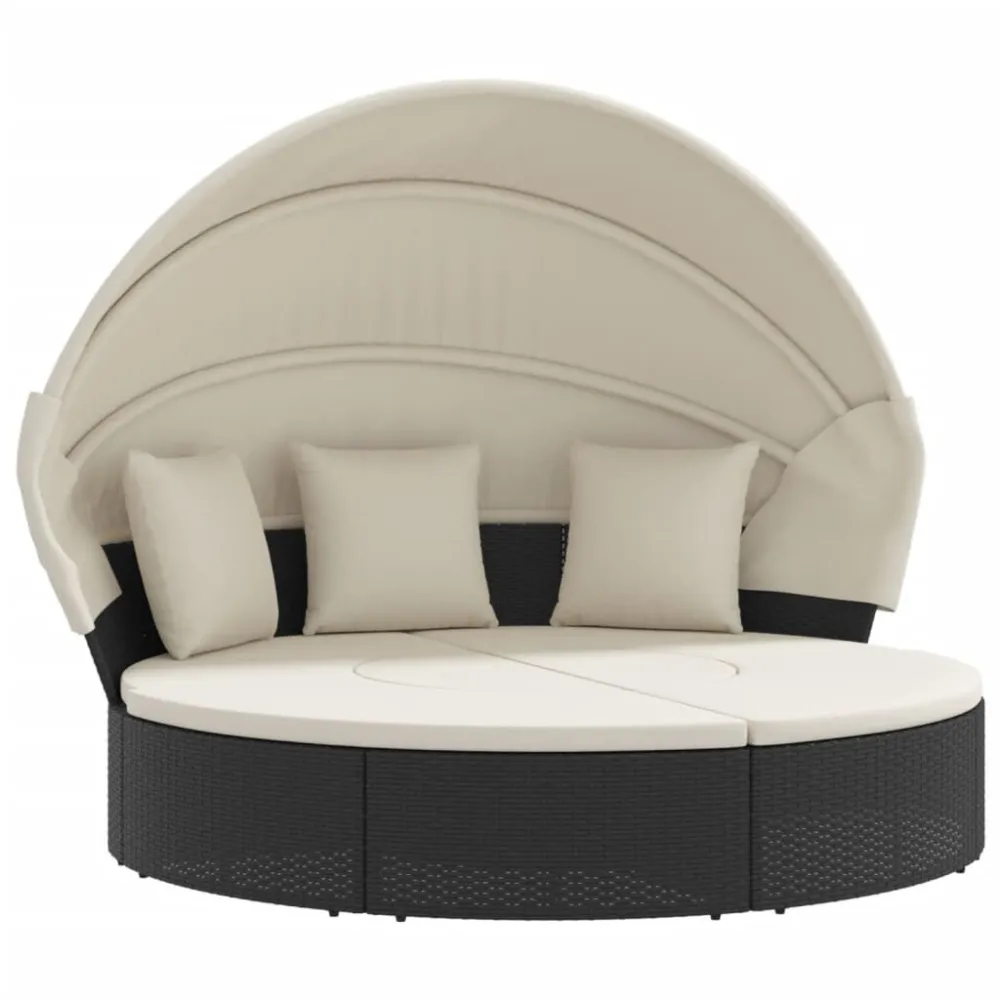 Puf de Exterior Cama lounge de exterior com toldo e almofadões vime PE preto