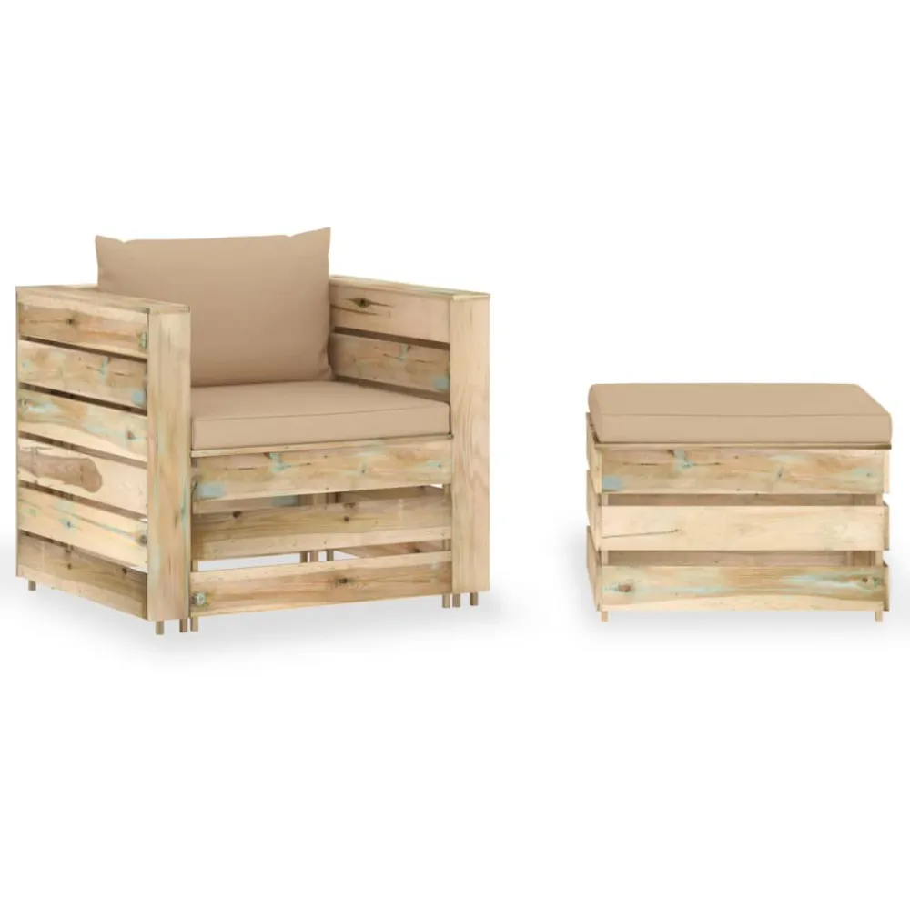 Puf de Exterior 2 pcs conj. lounge jardim com almofadões madeira impreg. verde
