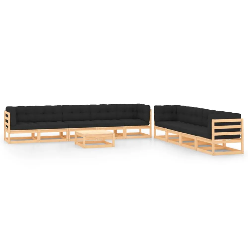 Puf de Exterior 10 pcs conj. lounge jardim com almofadões antracite pinho maciço