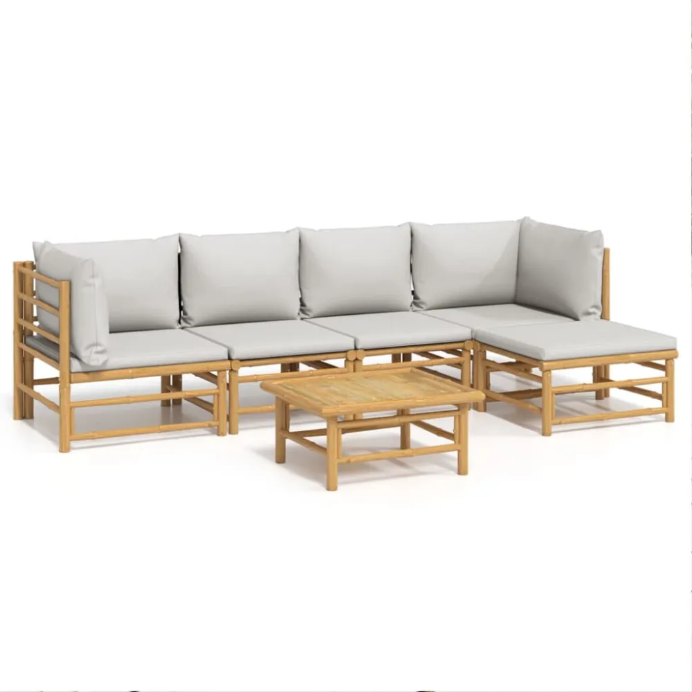 Puf de Exterior 6 pcs conj. lounge de jardim bambu com almofadões cinzento-claro