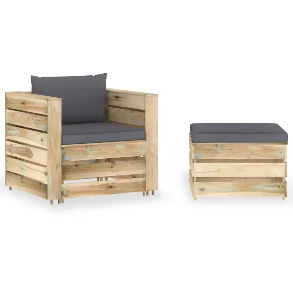 Puf de Exterior 2 pcs conj. lounge jardim com almofadões madeira impreg. verde