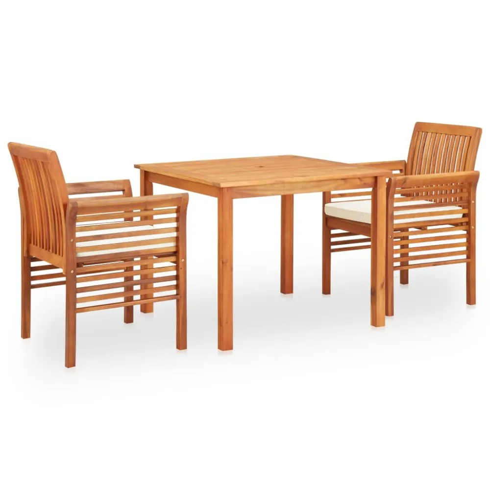 Puf de Exterior 3 pcs conjunto de jantar exterior com almofadões acácia maciç