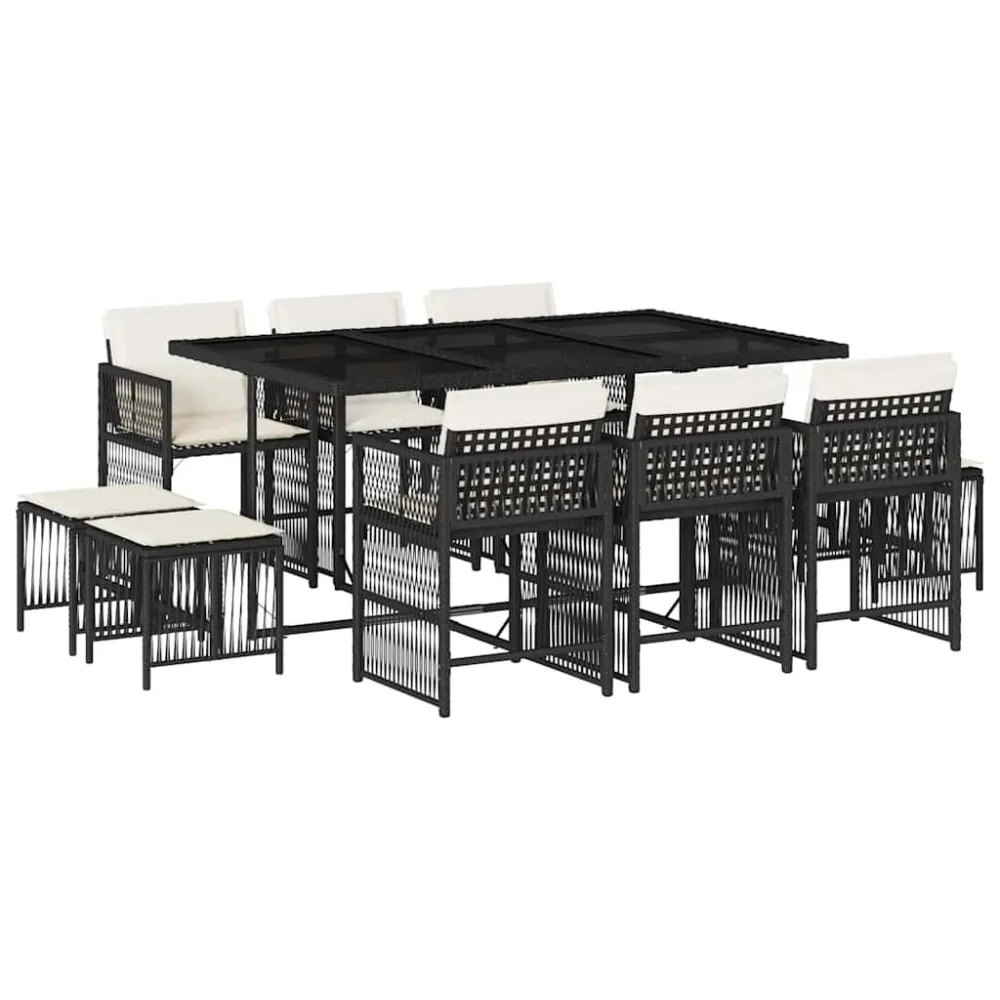 Puf de Exterior 11 pcs conjunto de jantar para jardim com almofadões vime PE preto