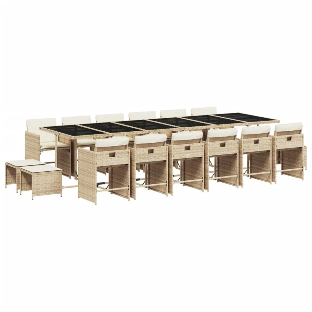 Puf de Exterior 17 pcs conjunto de jantar para jardim com almofadões vime PE bege