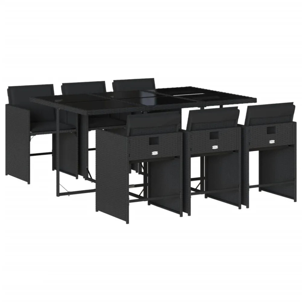 Puf de Exterior 7 pcs conjunto de jantar para jardim com almofadões vime PE preto