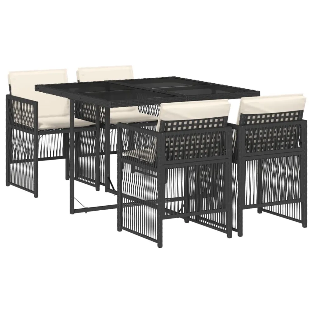 Puf de Exterior 5 pcs conjunto de jantar para jardim com almofadões vime PE preto