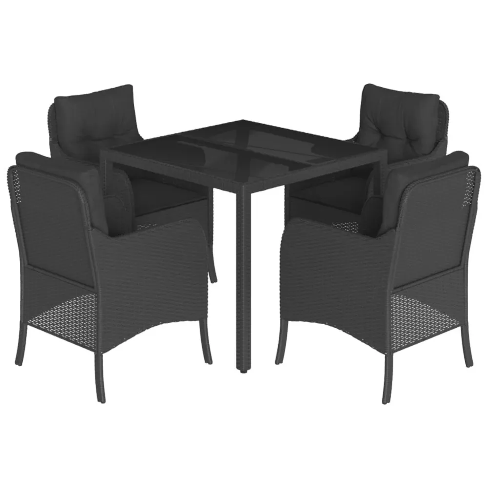 Puf de Exterior 5 pcs conjunto de jantar para jardim com almofadões vime PE preto