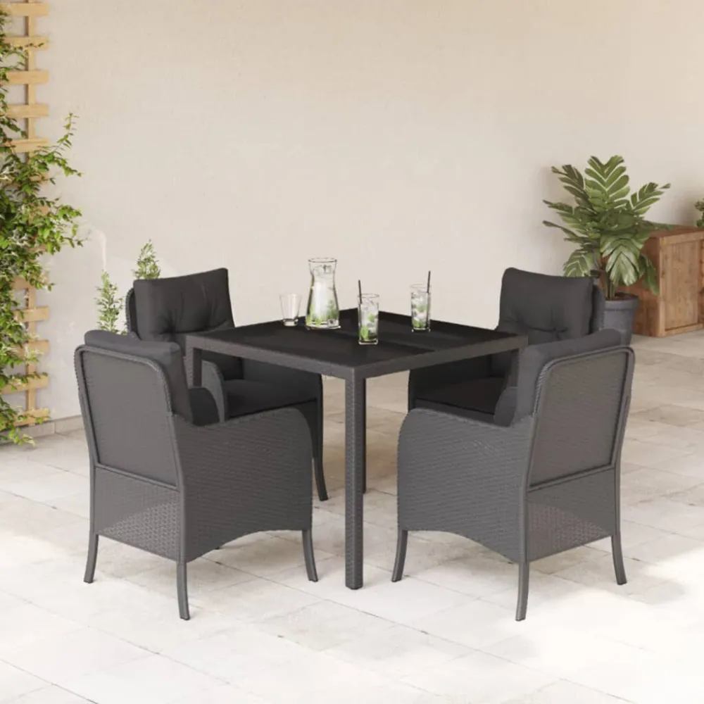 Puf de Exterior 5 pcs conjunto de jantar para jardim com almofadões vime PE preto