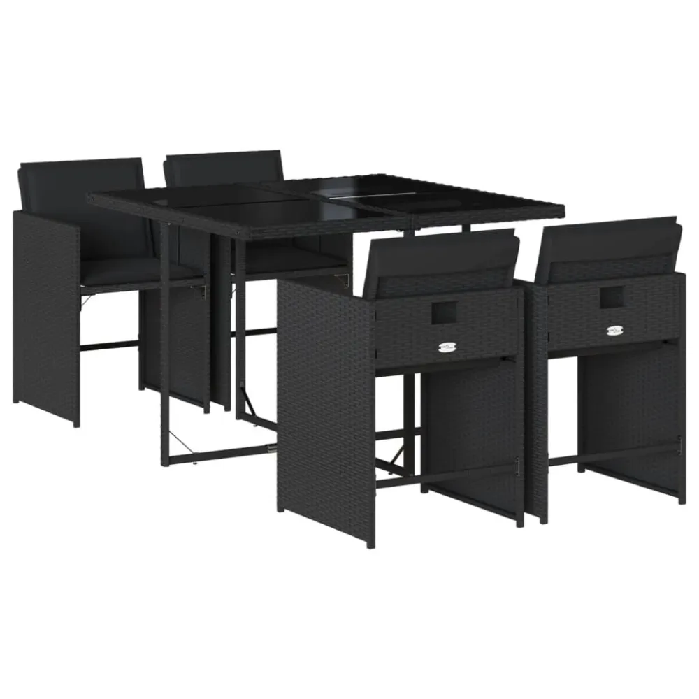Puf de Exterior 5 pcs conjunto de jantar para jardim com almofadões vime PE preto