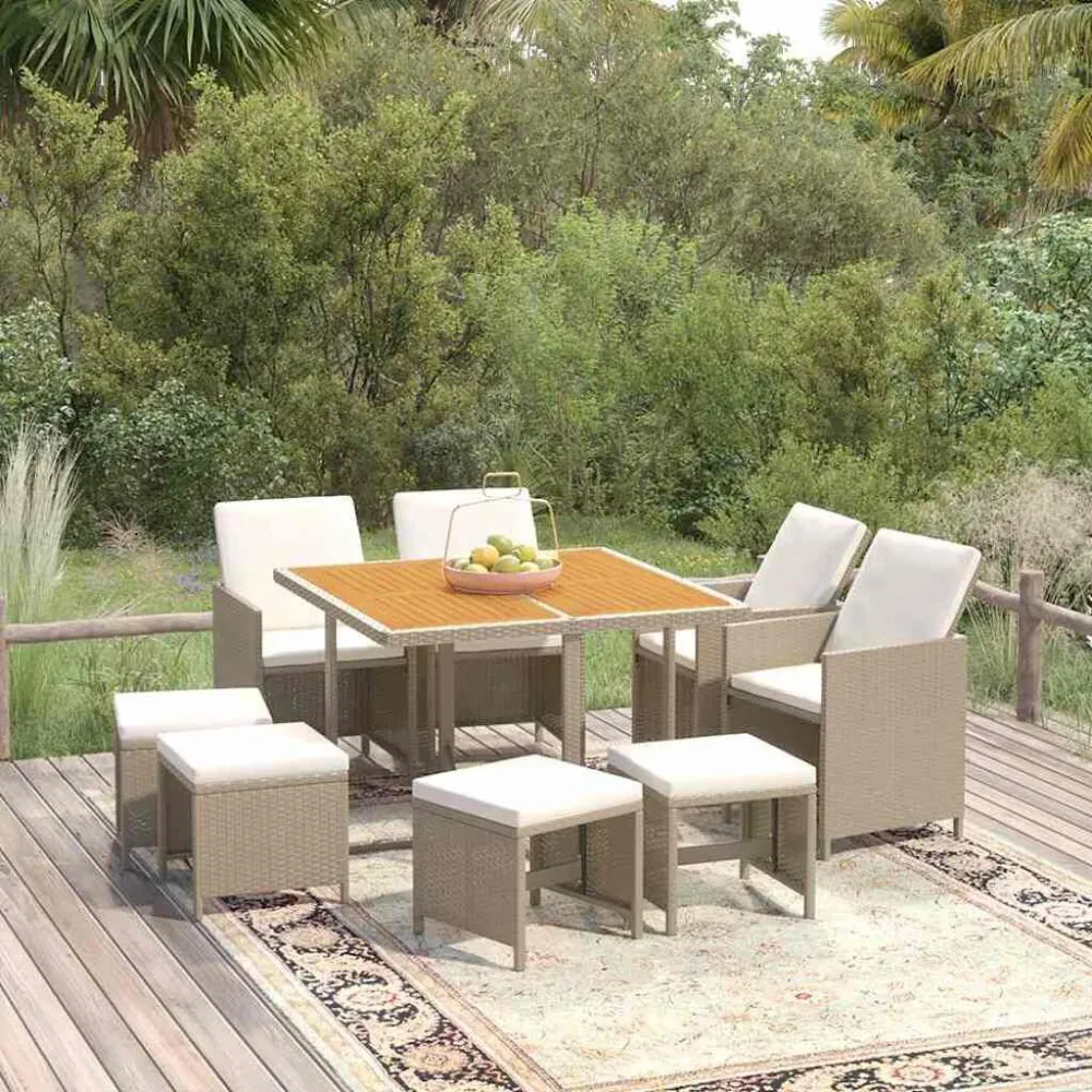 Puf de Exterior 9 pcs conjunto de jantar para jardim com almofadões vime PE bege