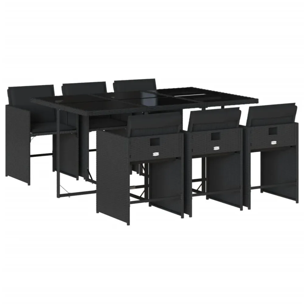 Puf de Exterior 7 pcs conjunto de jantar para jardim com almofadões vime PE preto